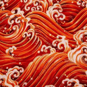 100% Cotton Japanese Gilded Fabric Golden Waves on Red & Orange