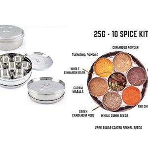 24cm Indian Style Stainless Steel Masala Dabba With 10 Spice Kit Lid & Free Spoon Spice Box Tin