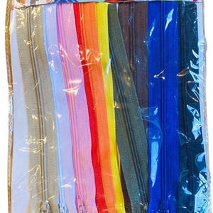 10 Zips Assorted Colours Nylon Auto lock Zips Closed End 22.5cm Multicoloured Zips Dress Zips