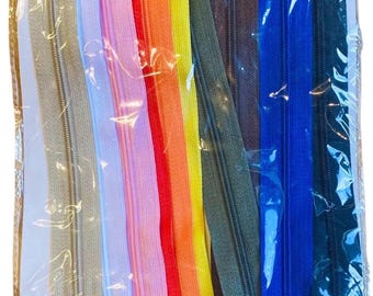 10 Zips Assorted Colours Nylon Auto lock Zips Closed End 22.5cm Multicoloured Zips Dress Zips