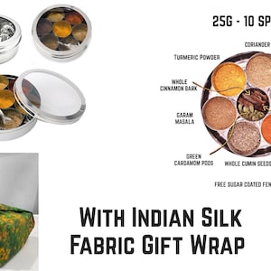 See Through Masala Dabba with Silk Fabric- Gift Wrap - With 10 Spice Kit - Lid & Free Spoon, Spice Box Tin Stainless Steel