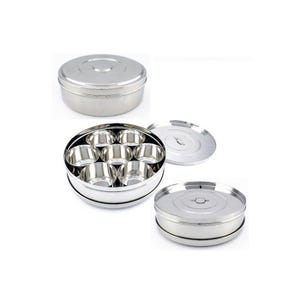 Indian Style Stainless Steel Masala Dabba With Lid & Free Spoon Spice Box Tin 20cm