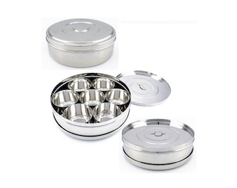 Indian Masala Dabba Stainless Steel With 10 Spice Kit -  Lid & Free Spoon Spice Box Tin