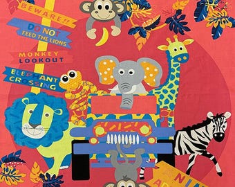 Puede incluir: Ilustración colorida con temática de safari, con varios animales y letreros. La imagen incluye un león, una cebra, una jirafa, un elefante, un mono y una tortuga. El texto incluye "Wild Adventure", "Safari", "Beware!!", "Do Not Feed The Lions", "Monkey Lookout", "Elephant Crossing" y "Animal Adventure".