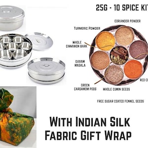 Indian Masala Dabba with Silk Fabric- Gift Wrap - With 10 Spice Kit -  Lid & Free Spoon, Spice Box Tin Stainless Steel