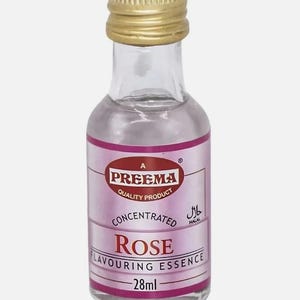 May include: A small glass bottle of rose flavoring essence. The label reads "PREEMA QUALITY PRODUCT CONCENTRATED ROSE FLAVOURING ESSENCE" with a volume of 28ml. The bottle has a gold cap and a pink liquid inside.