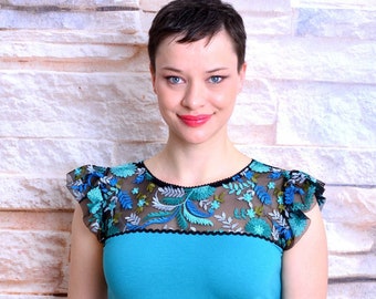 SALE > XL turquoise jersey top ILONA blue flowers lace