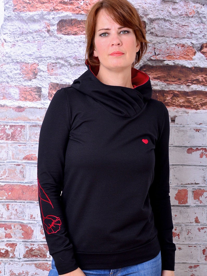 womans hoodie MANUELA black heart flower by STADTKIND POTSDAM