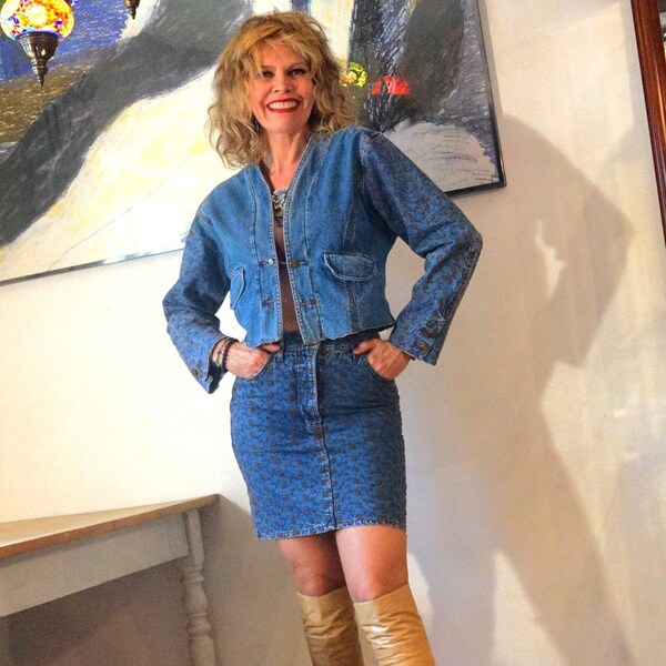 1980s vintage denim abstract embroidery jacket and skirt outfit France
