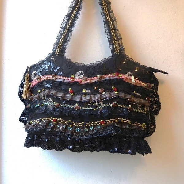 D'inspiration victorienne en dentelle noire roses romantique Goth sac à main collage Art des années 90 Harajuku sac à main sac à main