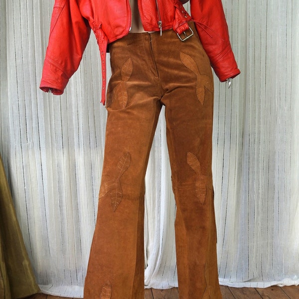 Vintage Suede Pants Fringed Unique Applique Hippie Western Cowgirl // size xs