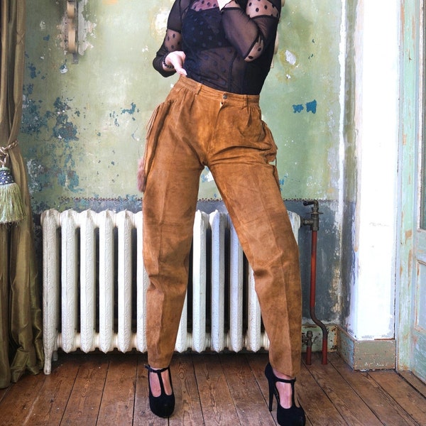 Pantalon femme en cuir suédé marron cuivré vintage des années 80, grandes poches sur les côtés taille haute taille S/M