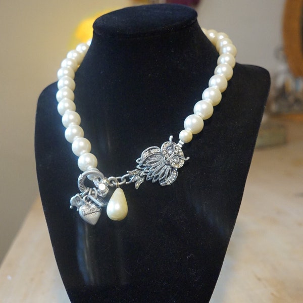 Vintage Rodrigo Otazu Necklace // Short Owl Pearl Glamorous Necklace - Swarovski Crystals - Signed