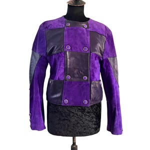 Veste en cuir suédée patchwork / Violet noir 80s Mod