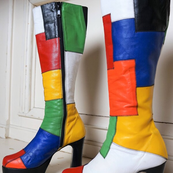 Vintage Colourfull Platform Leather Boots, Spirit of the 20s boots     size eur37 uk4 us6