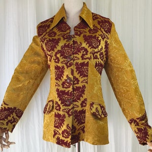 Vintage Brocade Elegance Nostalgia Blazer Jacket France, 60s inspired, Gold and Burgundy Red damast