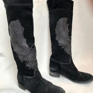Vintage 90s Rhinestone Suede Knee High Boots - Artigiana - US 9.5