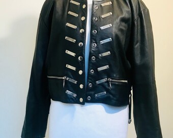 Vintage Black Lamb Leather Silver Metal Embellished 1980s Jacket // Snaps  // Size M