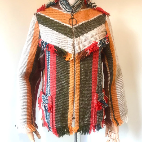 1970s Striped Wool Fringed Hippie Coat  Size S-M