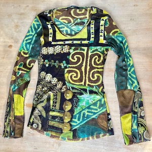 Abstract print Vintage Mesh Shirt  //  Long Sleeve y2k Sheer outside seams French Brand  //  size s-m
