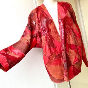 Red Leather Patchwork Roses 80s 90s Vintage Jacket Coat  size free