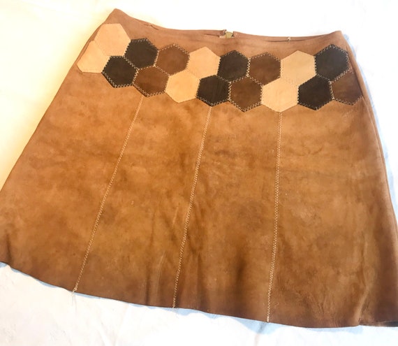 Vintage 1960s Suede Leather Patchwork Mini Skirt … - image 1