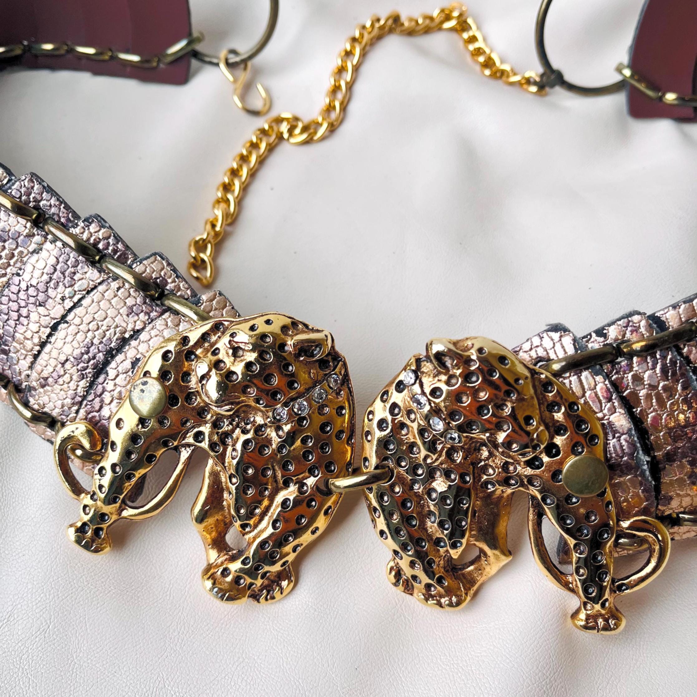 Vintage 80s Gold Silver Leather Belt Jaguar Leopard Buckle NWOT M/L Glam Rock Glam Rock Leather 1980s Vintage Belts for sale | eBay main image 2
