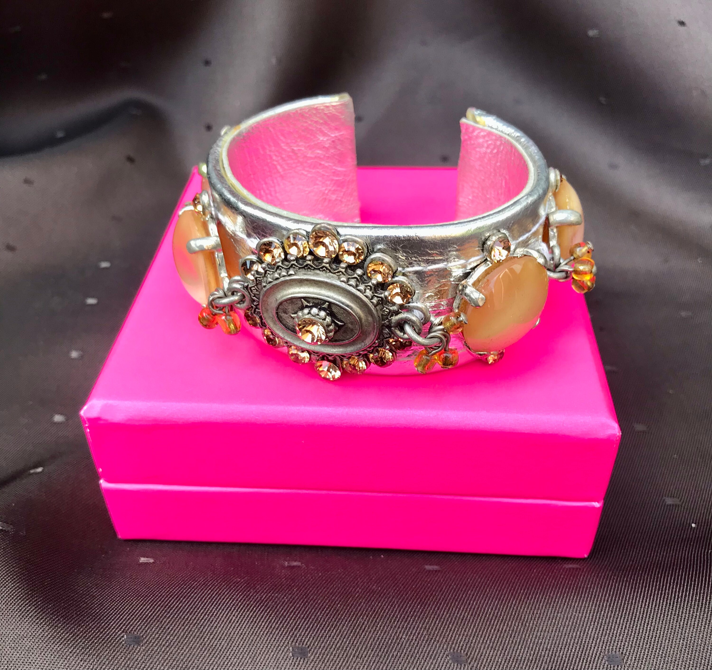 Vintage Rodrigo Otazu Swarovski Crystals Silver Leather Cuff