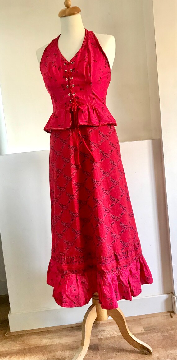 Red Vintage 1970s Peplum Halter Dress Cotton  Siz… - image 6