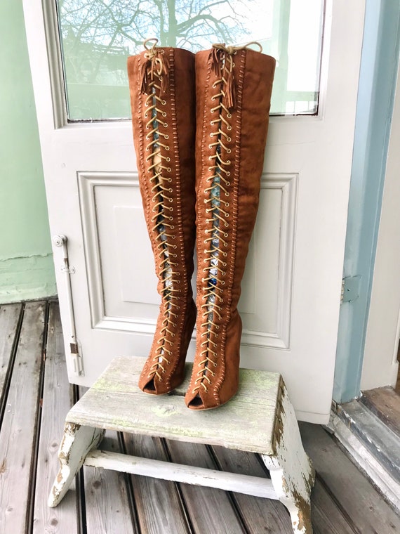 Vintage Sexy Lace up Over Knee Boots Brown Suede High Heel 