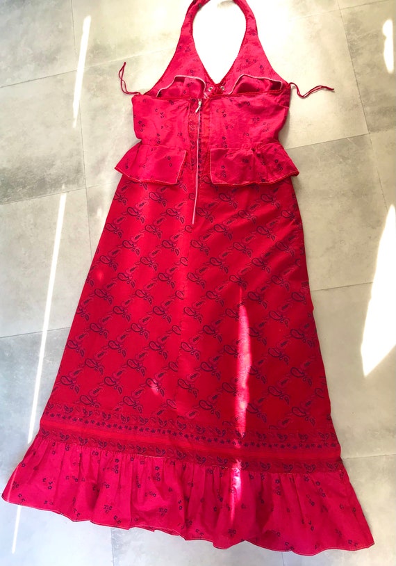 Red Vintage 1970s Peplum Halter Dress Cotton  Siz… - image 3