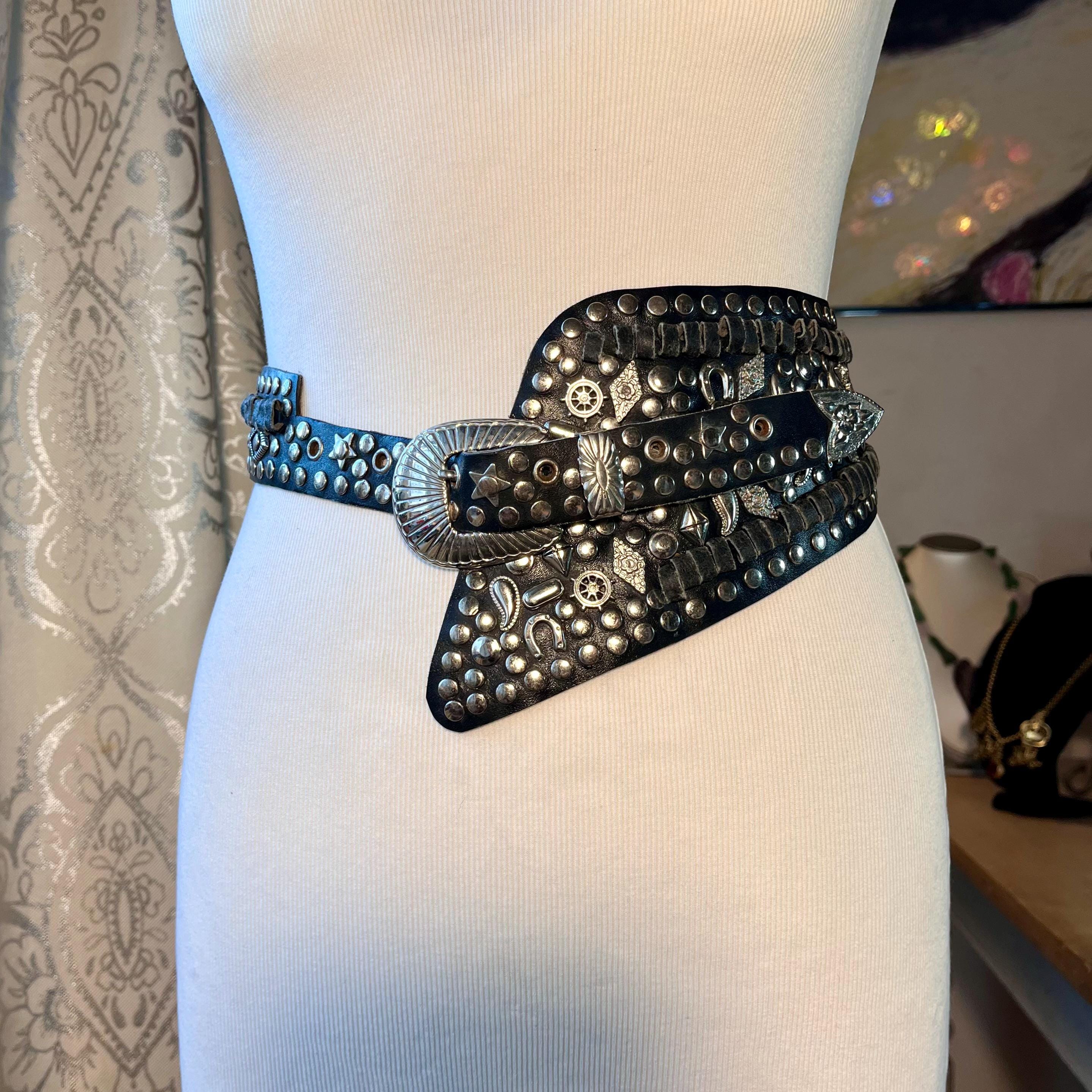 Vintage Silver Studded Asymmetric Black Leather Rock Belt  display picture 1