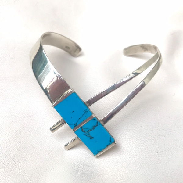 Vintage Sterling Modernist Turquoise Cuff Bracelet