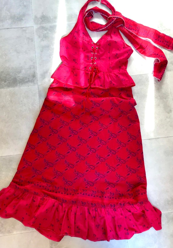 Red Vintage 1970s Peplum Halter Dress Cotton  Siz… - image 2