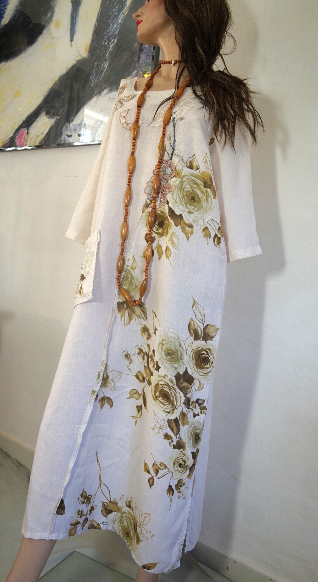 Shift Robe Vintage Maxi Linen Cotton Caftan Shift Dress Size S-M // Ecru Lace ...