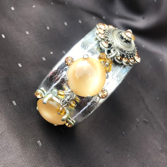 Vintage Rodrigo Otazu Swarovski Crystals Silver Leather Cuff