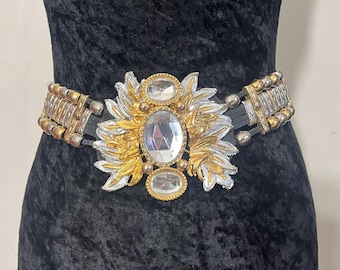 Vintage Lily Farouche Black Velvet Belt with Gold and Silver, & Jewels Vintage Gold Silver Studded Embellished White Leather Waist  main image 4
