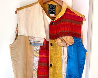 Vintage 90er Jahre Color Block Patchwork Weste Ärmellose Jacke Gr.M-L