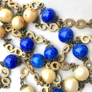 Colar Boho Antigo Vintage Lapis Lazuli Pérola Filigrana de Vidro Tcheco Dourado