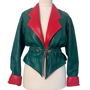 Vintage Colorblock Grün Rot Lederjacke aus den 80ern Lammfell