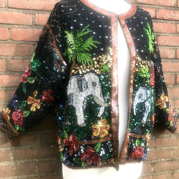 Vintage Sequin Jacket // Statement 80s Exotic Floral Elephant Sequin Beads Masterpiece Jacket  // size M