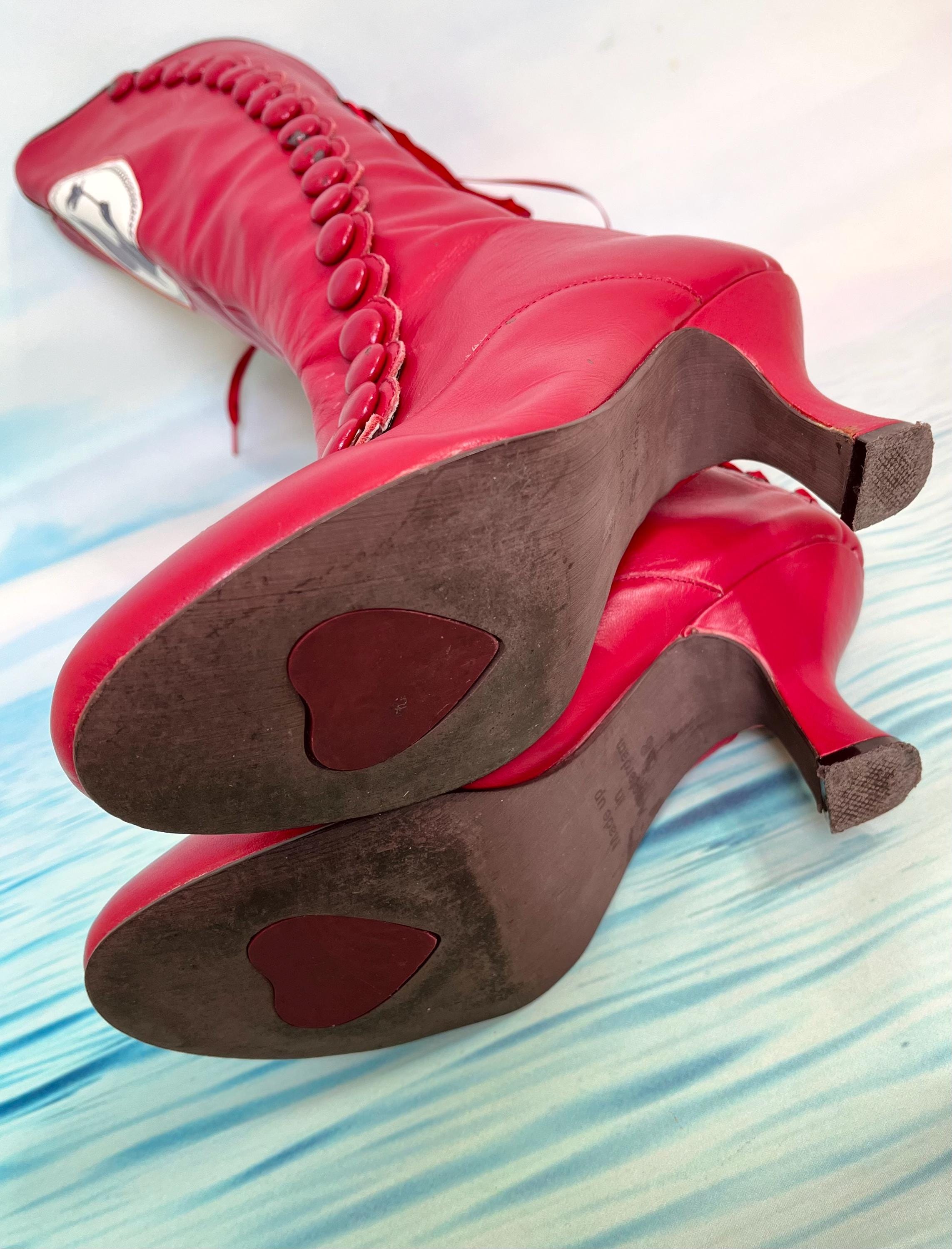 Red Leather Burlesque Cameo Victorian Vintage Designer Boots