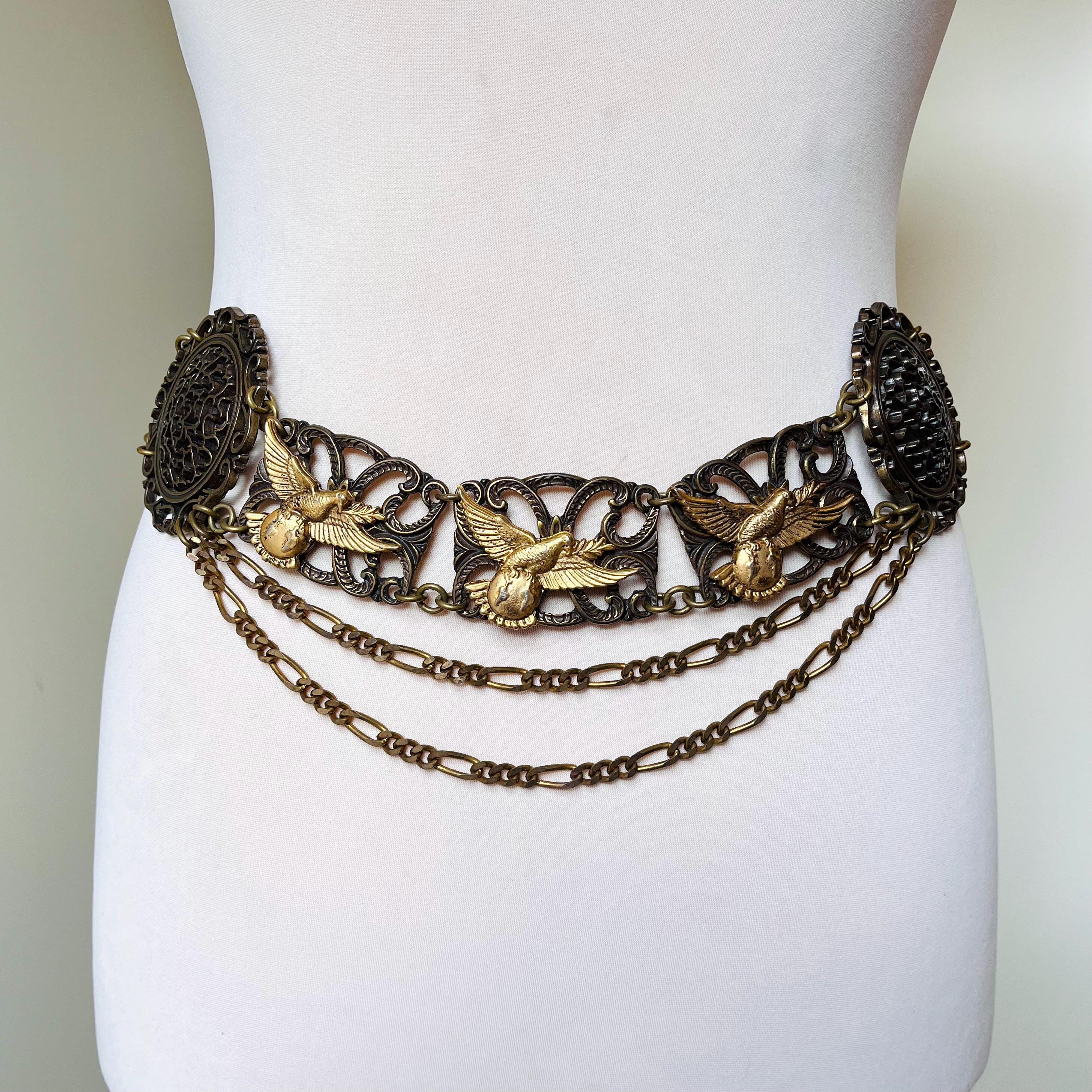 Vintage 90\'s Antique Brass Hammered Square Brown Cabochon Chain Belt size L / XL Vintage Gold Chain Belt L - Etsy main image 3