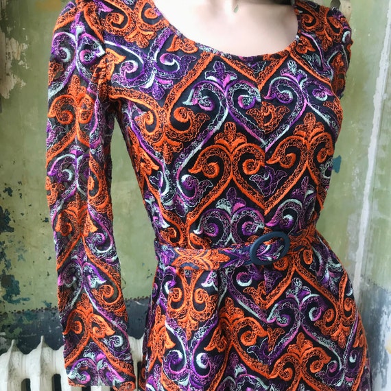 Orange Purple Embroidery Lace Belted 60s 70s Dres… - image 2