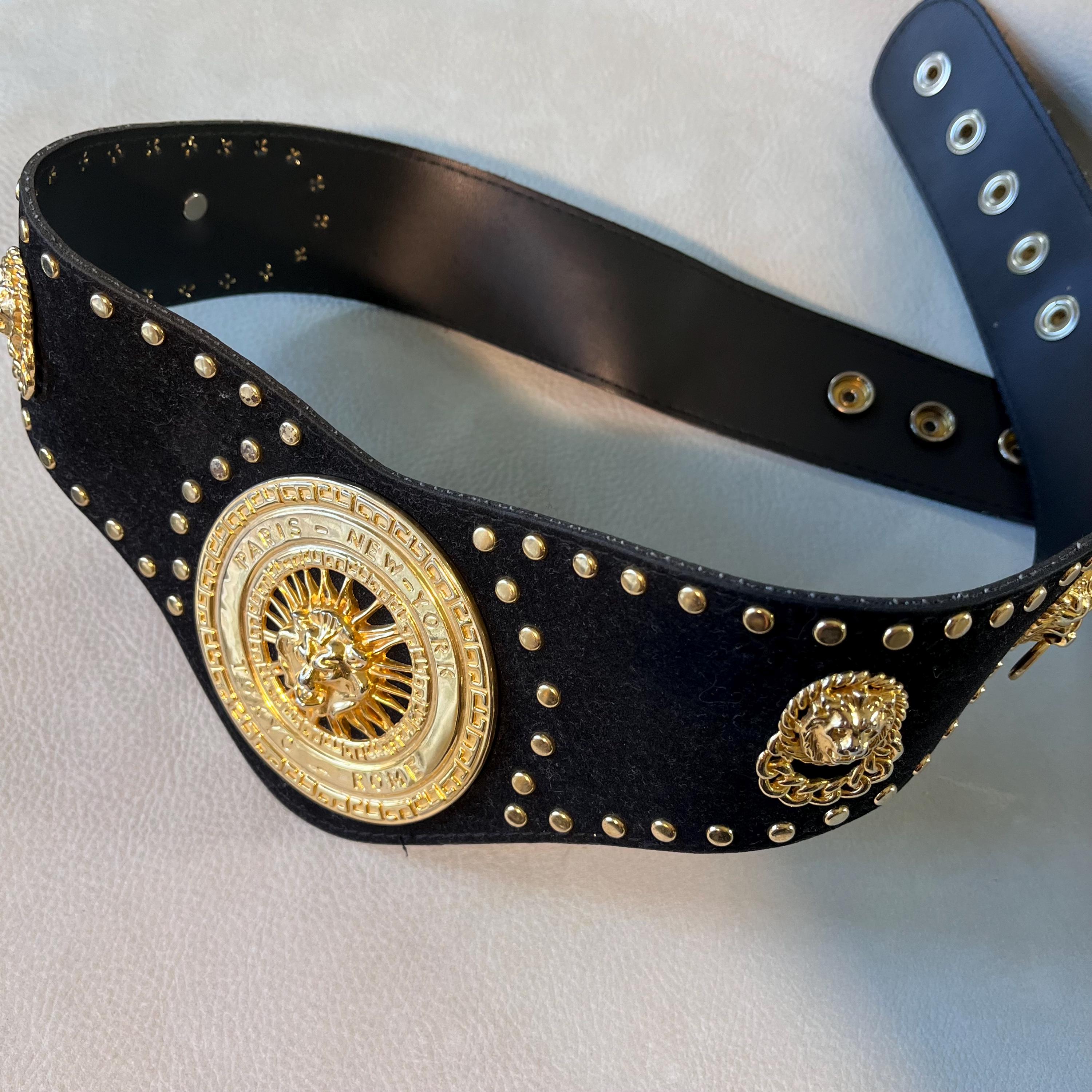 小物 Rare 90s FRENCH label gold studded belt Vintage Gold Lion Studded Velvet Belt - Paris New York Tokyo