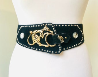 Ceinture vintage en cuir noir panthère dorée des années 80, se ferme dans le dos, réglable, taille S à L