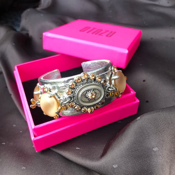 Vintage Rodrigo Otazu Swarovski Crystals Silver Leather Cuff