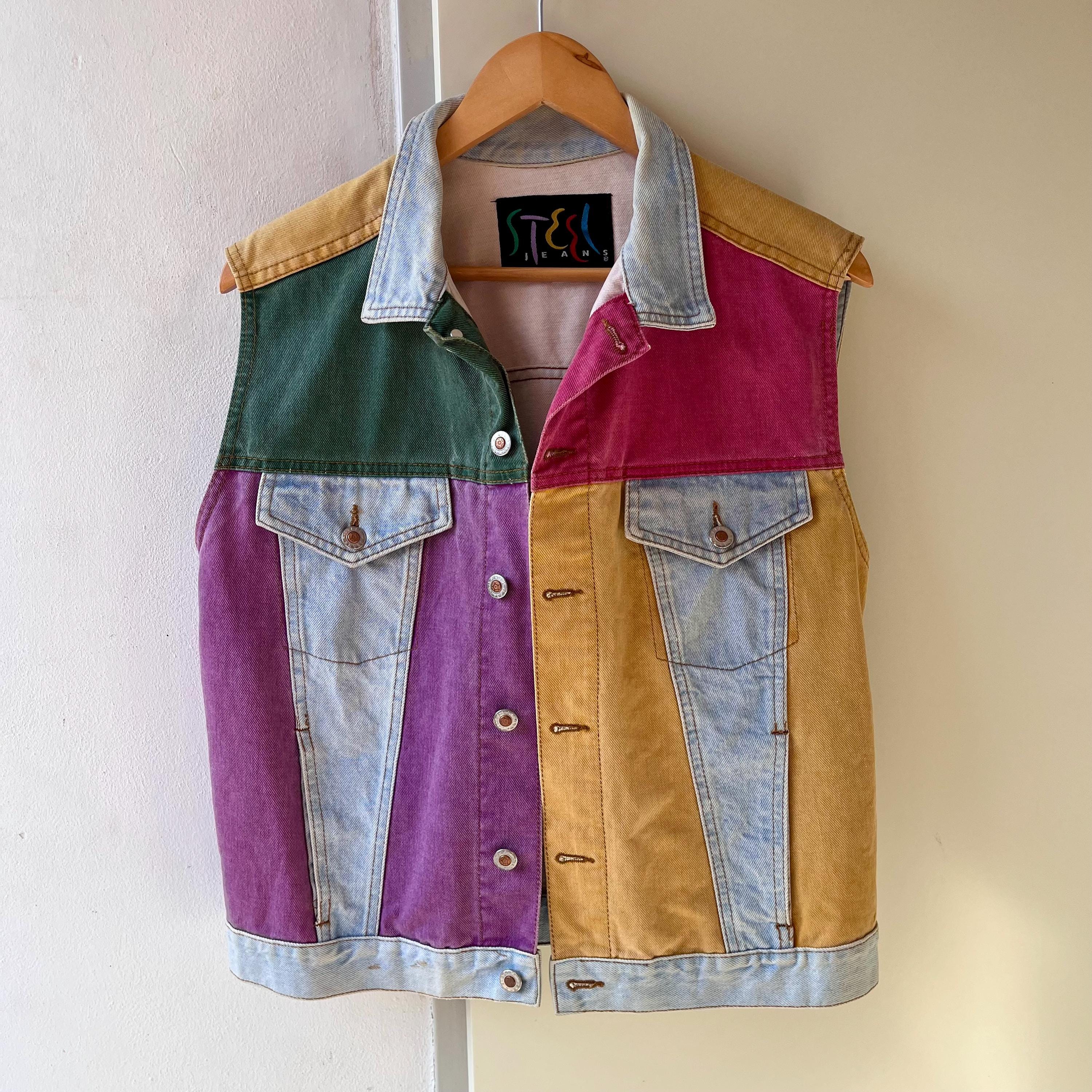 80s Vintage Color Block Jean Mens Vest Waistcoat   Size M