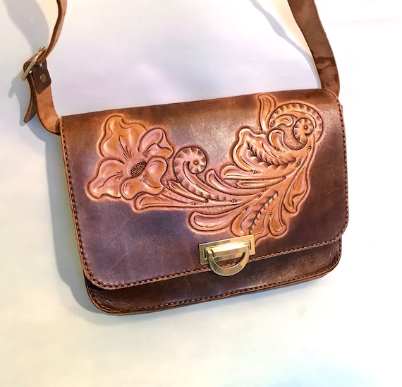 70s 80s Tooled Leather Bag, Vintage South Western… - image 1