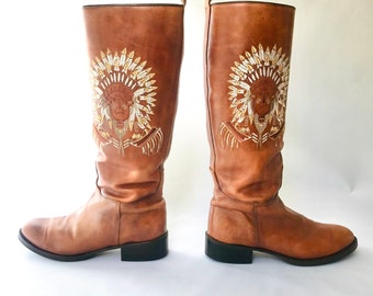 vintage, bottes brunes à broderies amérindiennes pour femmes, talon plat, Tony Mora, Espagne TAILLE us8 uk6 eur39